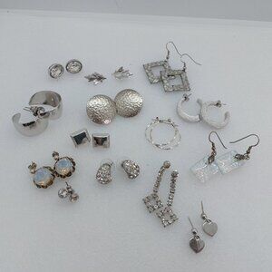 Mix Lot 14 Pairs Of Silver Tone Pierced Earrings Studs & Hooks